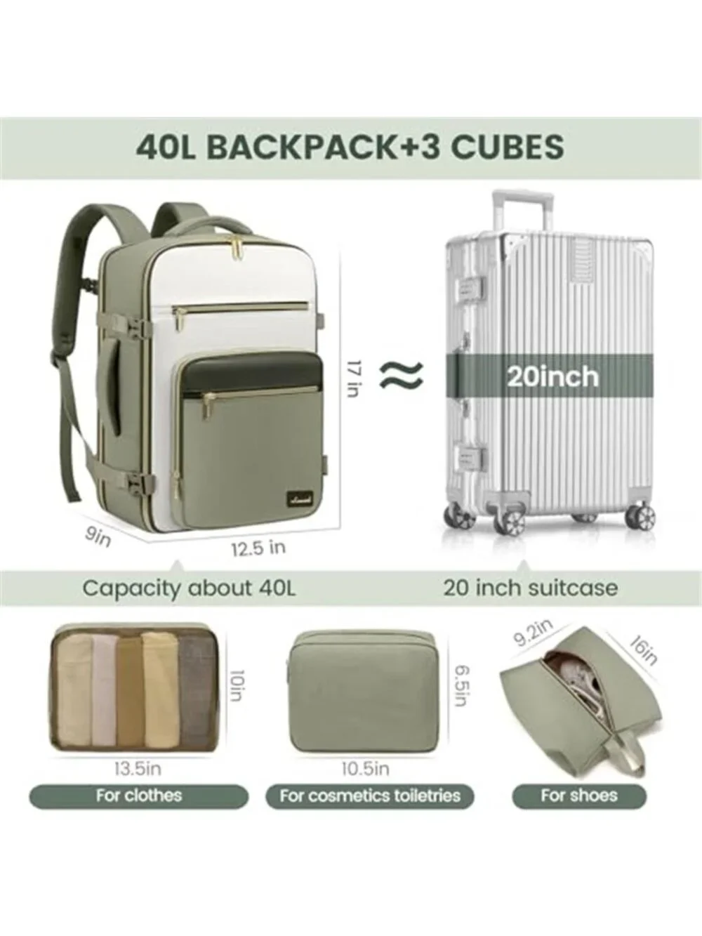 40L Carry On Backpack Travel Bag Flight Approved TSA Personal Item Laptop Women